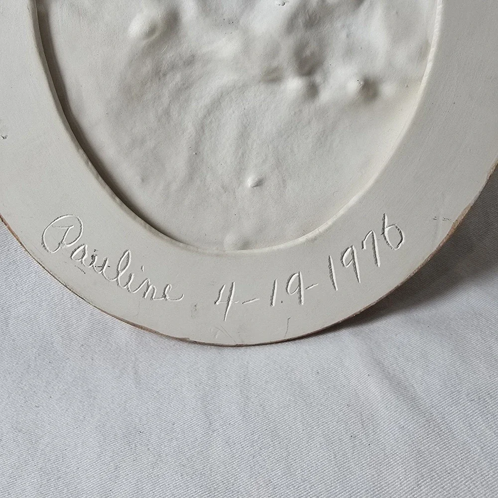 2 Vintage 1975 Art Duncan Round Wall Molds Hand Painted Lady Dog Ceramics Signed